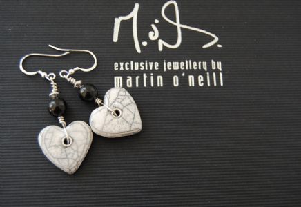 White Heart Raku with Jet Hook Earrings